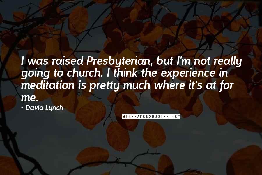 David Lynch quotes: I was raised Presbyterian, but I'm not really going to church. I think the experience in meditation is pretty much where it's at for me.