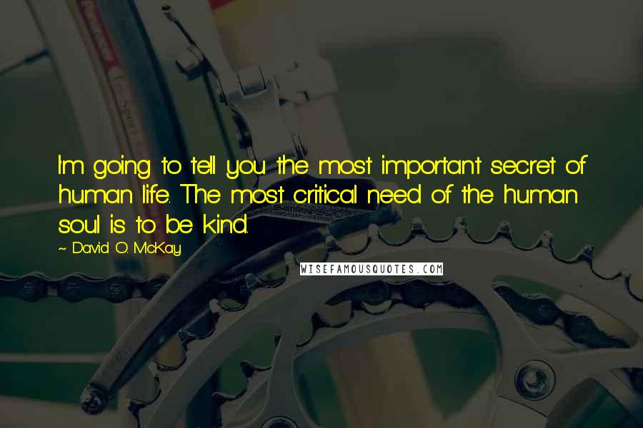 David O. McKay quotes: I'm going to tell you the most important secret of human life. The most critical need of the human soul is to be kind.