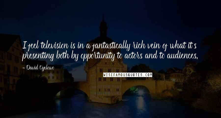 David Oyelowo quotes: I feel television is in a fantastically rich vein of what it's presenting both by opportunity to actors and to audiences. David Oyelowo quotes: I feel television is in a fantastically rich vein of what it's presenting both by opportunity to actors and to audiences.