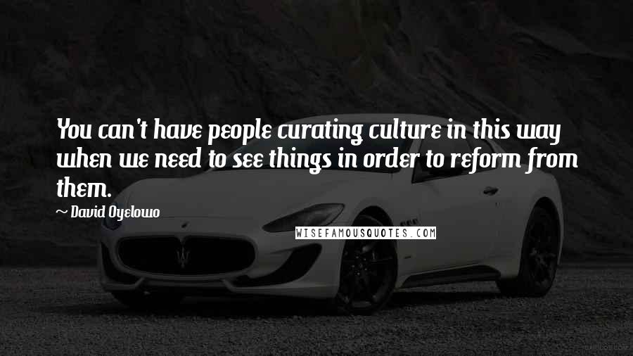 David Oyelowo quotes: You can't have people curating culture in this way when we need to see things in order to reform from them. David Oyelowo quotes: You can't have people curating culture in this way when we need to see things in order to reform from them.