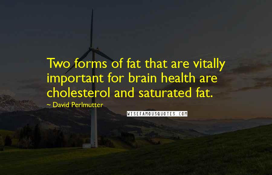David Perlmutter quotes: Two forms of fat that are vitally important for brain health are cholesterol and saturated fat.