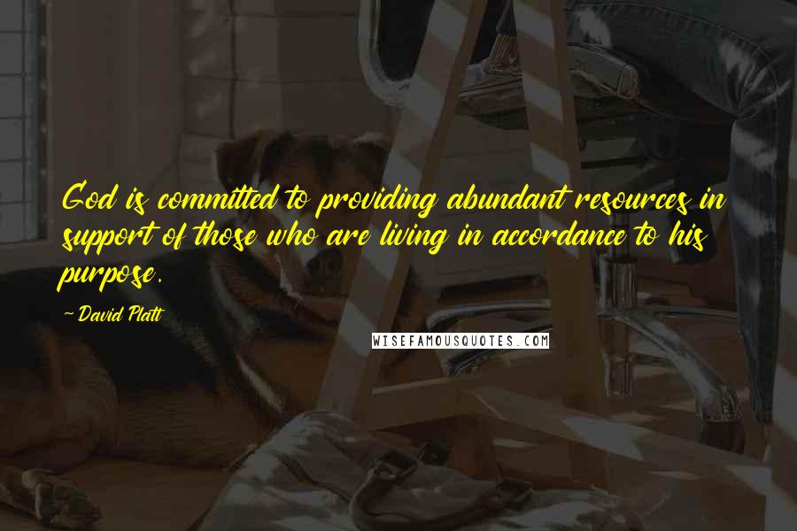 David Platt quotes: God is committed to providing abundant resources in support of those who are living in accordance to his purpose.