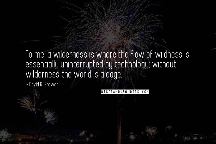 David R. Brower quotes: To me, a wilderness is where the flow of wildness is essentially uninterrupted by technology; without wilderness the world is a cage.
