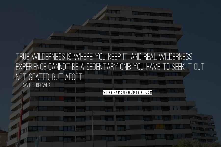 David R. Brower quotes: True wilderness is where you keep it, and real wilderness experience cannot be a sedentary one; you have to seek it out not seated, but afoot.