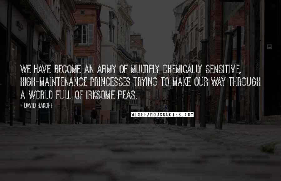 David Rakoff quotes: We have become an army of multiply chemically sensitive, high-maintenance princesses trying to make our way through a world full of irksome peas.