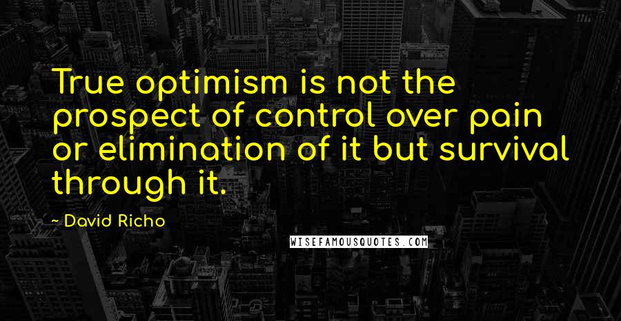 David Richo quotes: True optimism is not the prospect of control over pain or elimination of it but survival through it.