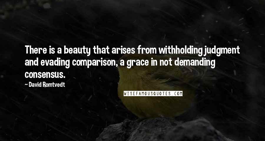 David Romtvedt quotes: There is a beauty that arises from withholding judgment and evading comparison, a grace in not demanding consensus.