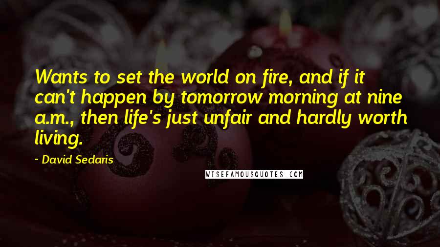 David Sedaris quotes: Wants to set the world on fire, and if it can't happen by tomorrow morning at nine a.m., then life's just unfair and hardly worth living.
