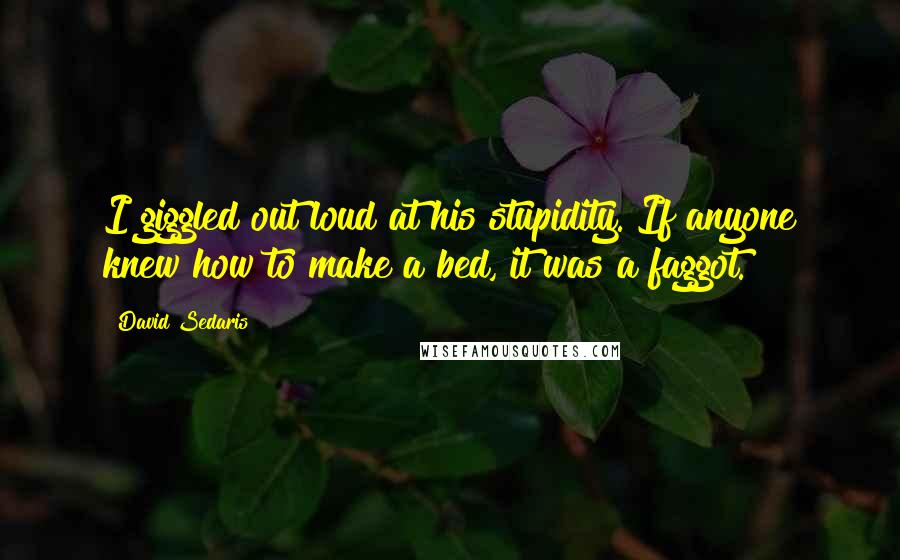 David Sedaris quotes: I giggled out loud at his stupidity. If anyone knew how to make a bed, it was a faggot.