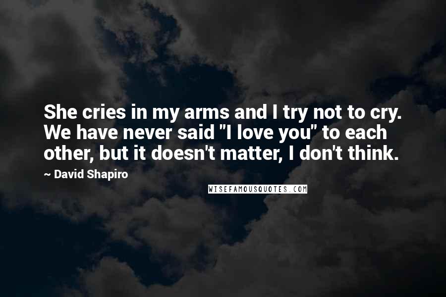 David Shapiro quotes: She cries in my arms and I try not to cry. We have never said "I love you" to each other, but it doesn't matter, I don't think.
