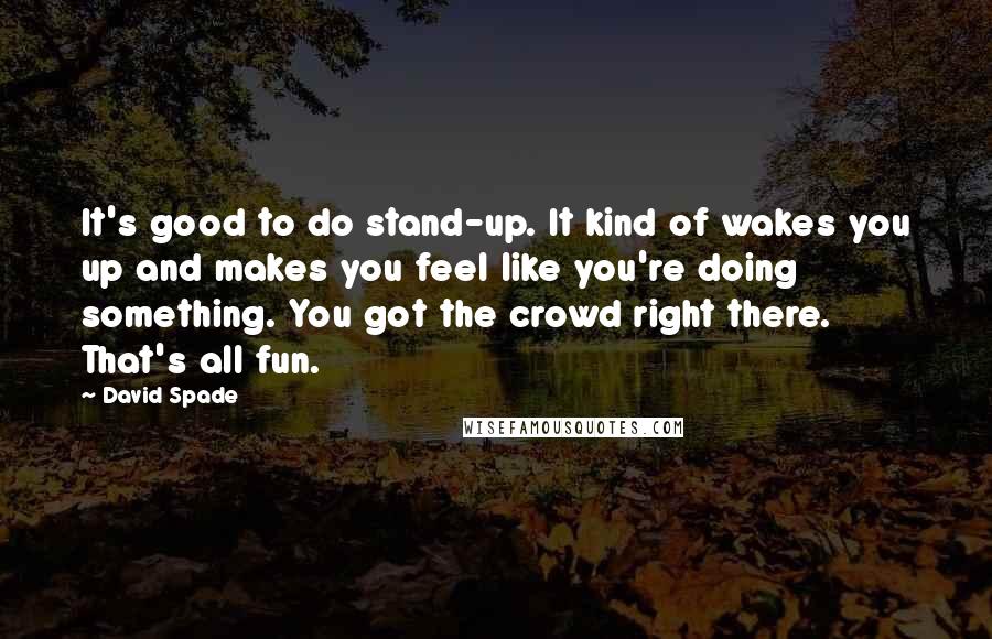 David Spade quotes: It's good to do stand-up. It kind of wakes you up and makes you feel like you're doing something. You got the crowd right there. That's all fun.