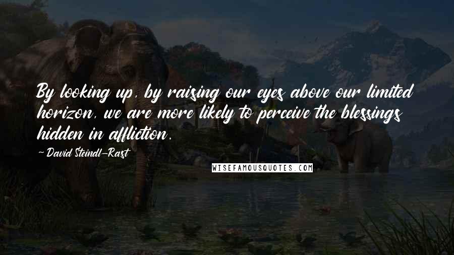 David Steindl-Rast quotes: By looking up, by raising our eyes above our limited horizon, we are more likely to perceive the blessings hidden in affliction. David Steindl-Rast quotes: By looking up, by raising our eyes above our limited horizon, we are more likely to perceive the blessings hidden in affliction.