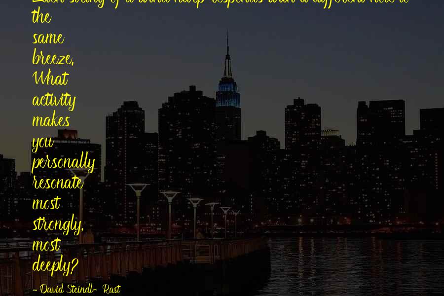 David Steindl-Rast quotes: Each string of a wind harp responds with a different note to the same breeze. What activity makes you personally resonate most strongly, most deeply? David Steindl-Rast quotes: Each string of a wind harp responds with a different note to the same breeze. What activity makes you personally resonate most strongly, most deeply?