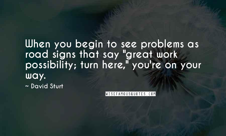 David Sturt quotes: When you begin to see problems as road signs that say "great work possibility; turn here," you're on your way.