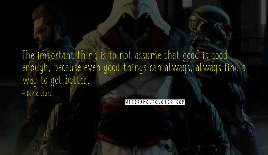 David Sturt quotes: The important thing is to not assume that good is good enough, because even good things can always, always find a way to get better.