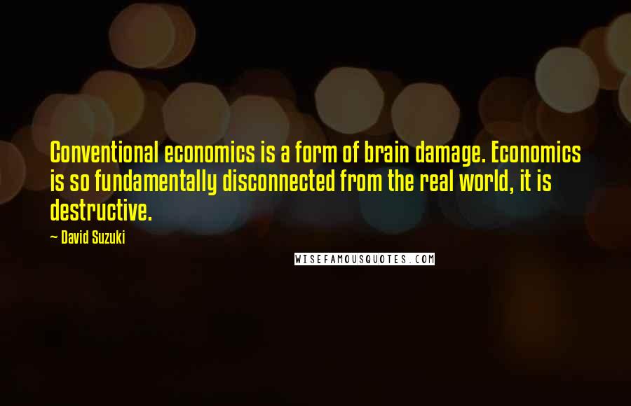 David Suzuki quotes: Conventional economics is a form of brain damage. Economics is so fundamentally disconnected from the real world, it is destructive. David Suzuki quotes: Conventional economics is a form of brain damage. Economics is so fundamentally disconnected from the real world, it is destructive.