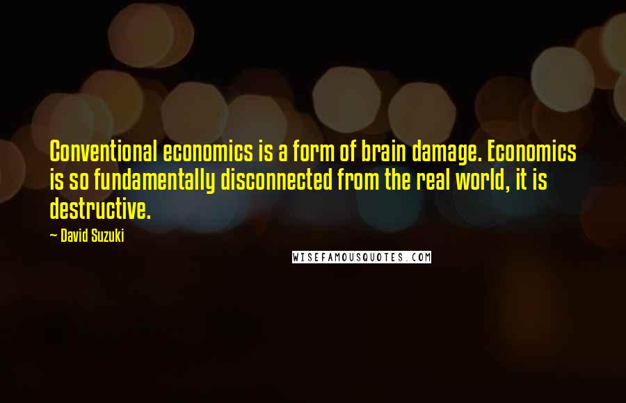 David Suzuki quotes: Conventional economics is a form of brain damage. Economics is so fundamentally disconnected from the real world, it is destructive.