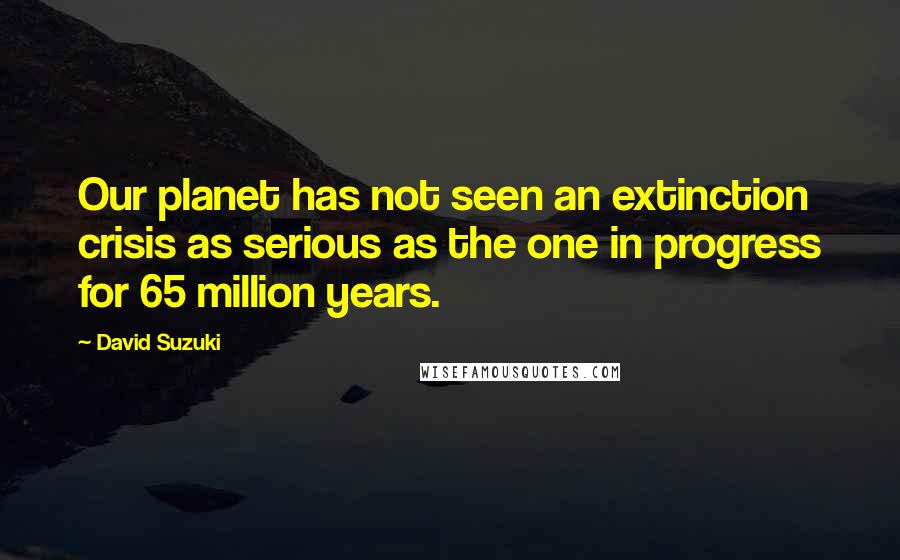 David Suzuki quotes: Our planet has not seen an extinction crisis as serious as the one in progress for 65 million years. David Suzuki quotes: Our planet has not seen an extinction crisis as serious as the one in progress for 65 million years.