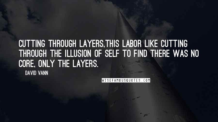 David Vann quotes: Cutting through layers,this labor like cutting through the illusion of self to find there was no core, only the layers. David Vann quotes: Cutting through layers,this labor like cutting through the illusion of self to find there was no core, only the layers.