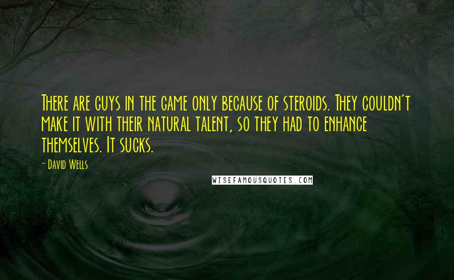 David Wells quotes: There are guys in the game only because of steroids. They couldn't make it with their natural talent, so they had to enhance themselves. It sucks.