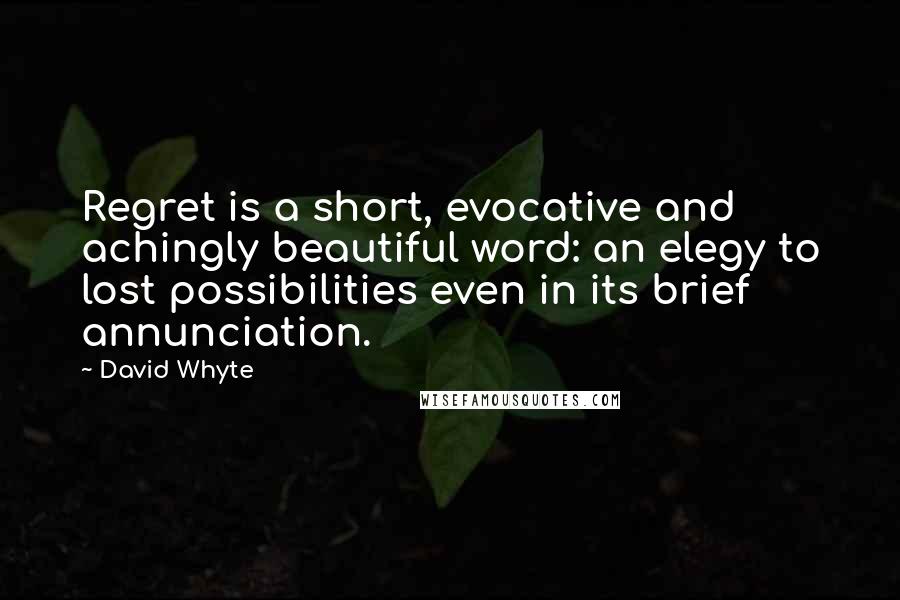 David Whyte quotes: Regret is a short, evocative and achingly beautiful word: an elegy to lost possibilities even in its brief annunciation. David Whyte quotes: Regret is a short, evocative and achingly beautiful word: an elegy to lost possibilities even in its brief annunciation.