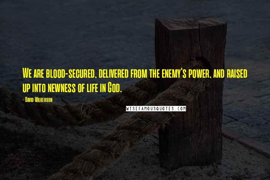 David Wilkerson quotes: We are blood-secured, delivered from the enemy's power, and raised up into newness of life in God.