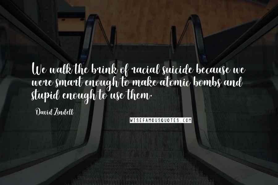 David Zindell quotes: We walk the brink of racial suicide because we were smart enough to make atomic bombs and stupid enough to use them. David Zindell quotes: We walk the brink of racial suicide because we were smart enough to make atomic bombs and stupid enough to use them.