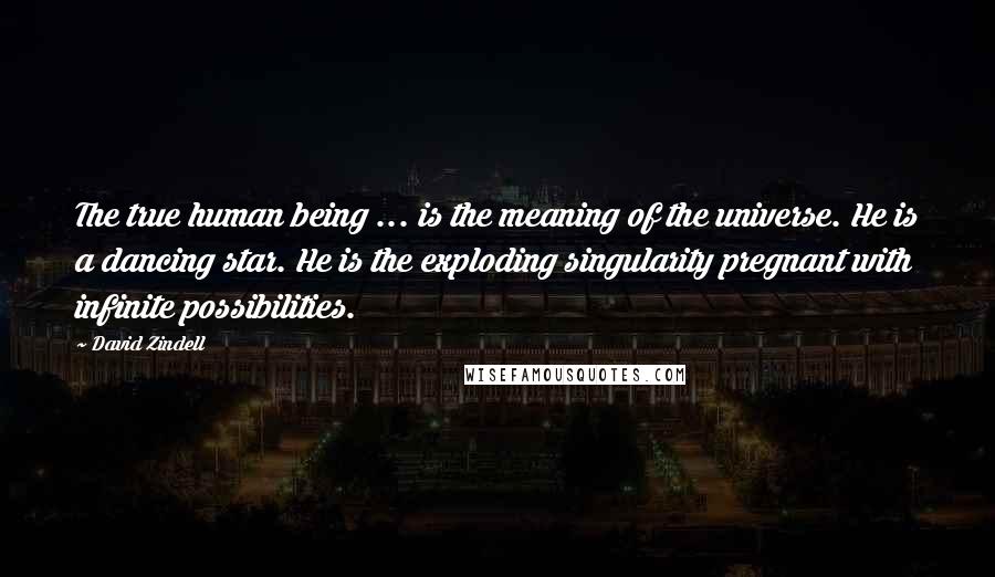 David Zindell quotes: The true human being ... is the meaning of the universe. He is a dancing star. He is the exploding singularity pregnant with infinite possibilities.