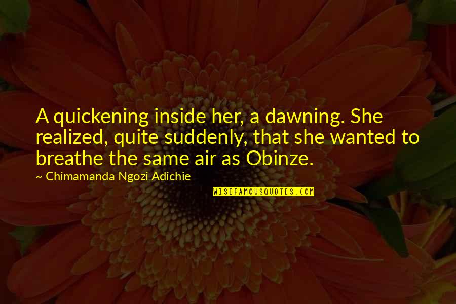 Dawning's Quotes By Chimamanda Ngozi Adichie: A quickening inside her, a dawning. She realized,