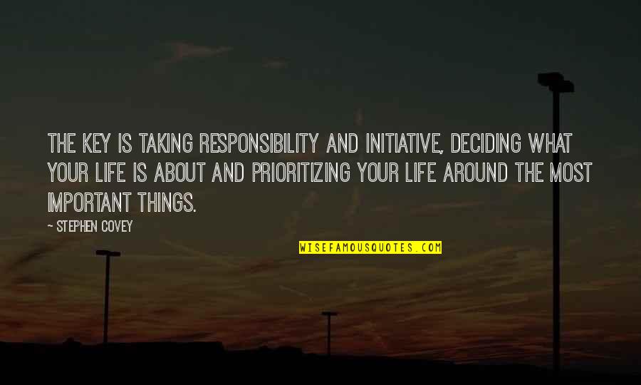 Deciding What's Important Quotes By Stephen Covey: The key is taking responsibility and initiative, deciding