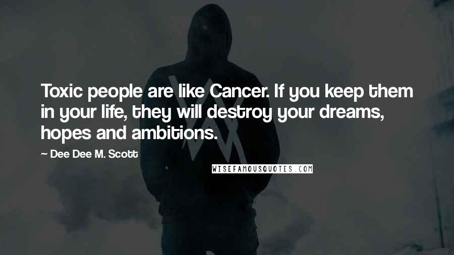 Dee Dee M. Scott quotes: Toxic people are like Cancer. If you keep them in your life, they will destroy your dreams, hopes and ambitions.