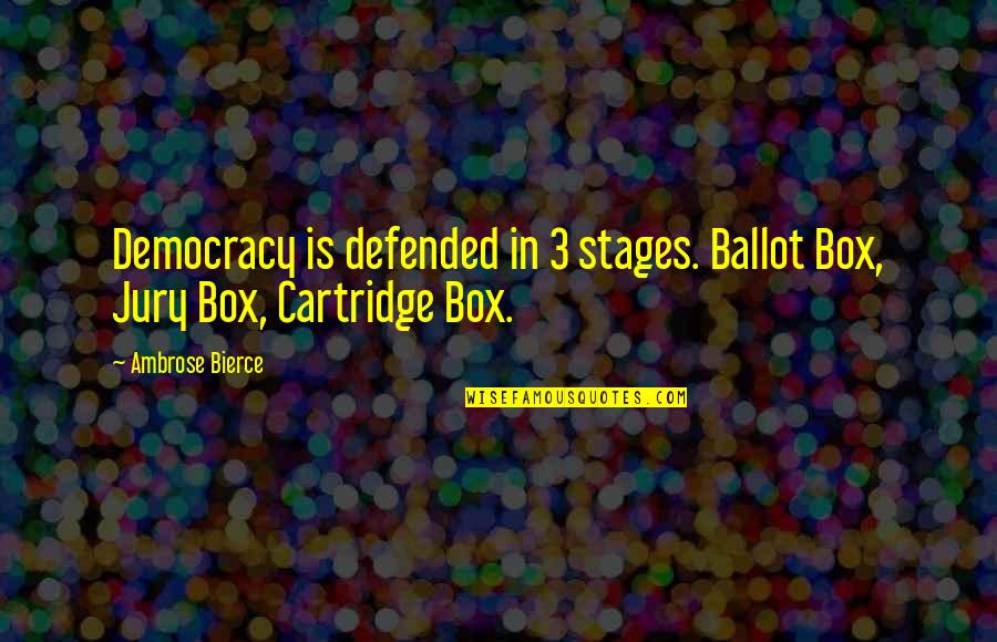 Defended Quotes By Ambrose Bierce: Democracy is defended in 3 stages. Ballot Box,