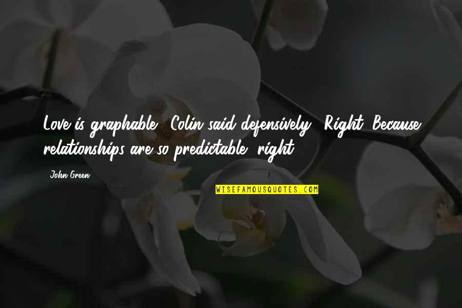 Defensively Quotes By John Green: Love is graphable!" Colin said defensively. "Right. Because Defensively Quotes By John Green: Love is graphable!" Colin said defensively. "Right. Because