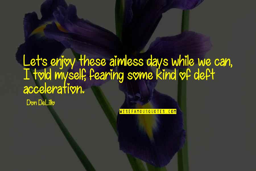 Deft Quotes By Don DeLillo: Let's enjoy these aimless days while we can,