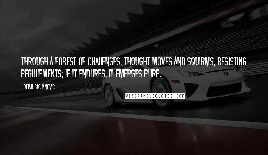 Dejan Stojanovic quotes: Through a forest of challenges, thought moves and squirms, resisting beguilements; if it endures, it emerges pure.