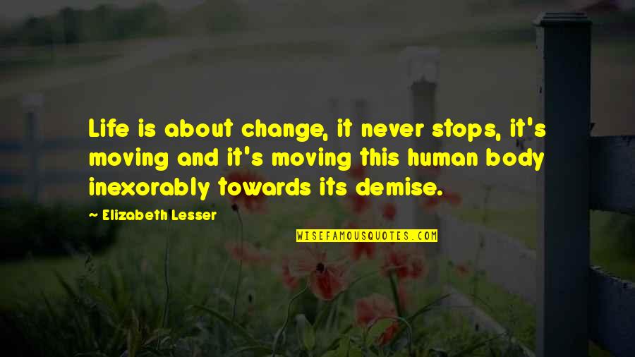 Demise Quotes By Elizabeth Lesser: Life is about change, it never stops, it's