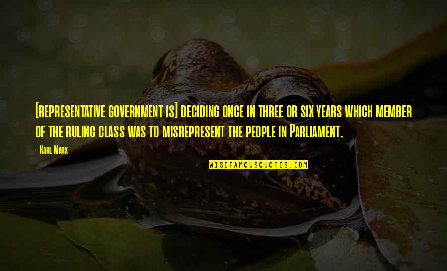 Democracy And Parliament Quotes By Karl Marx: [representative government is] deciding once in three or