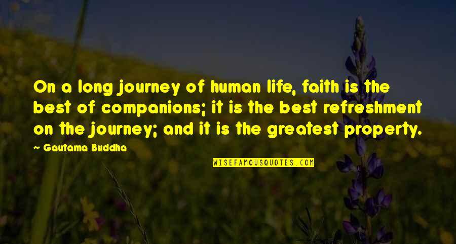 Demorian Stranger Quotes By Gautama Buddha: On a long journey of human life, faith