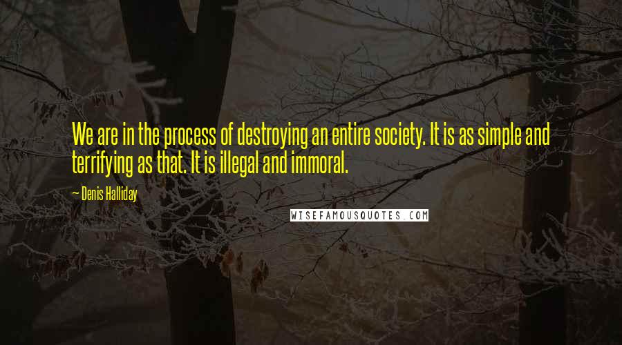 Denis Halliday quotes: We are in the process of destroying an entire society. It is as simple and terrifying as that. It is illegal and immoral.