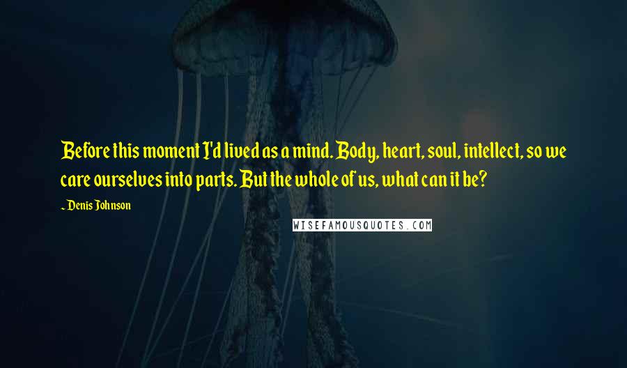 Denis Johnson quotes: Before this moment I'd lived as a mind. Body, heart, soul, intellect, so we care ourselves into parts. But the whole of us, what can it be?