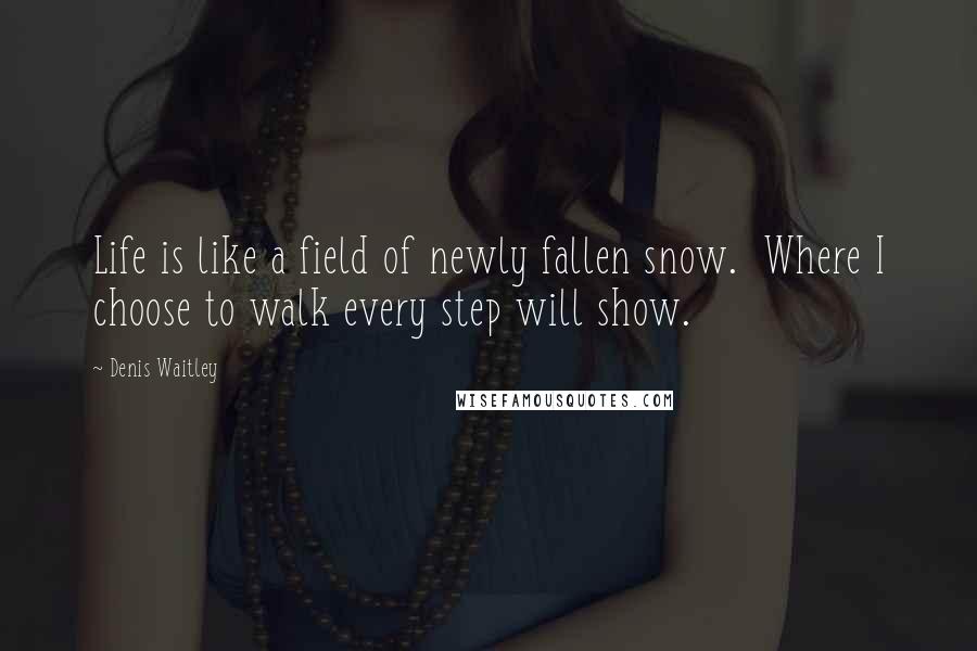 Denis Waitley quotes: Life is like a field of newly fallen snow. Where I choose to walk every step will show.