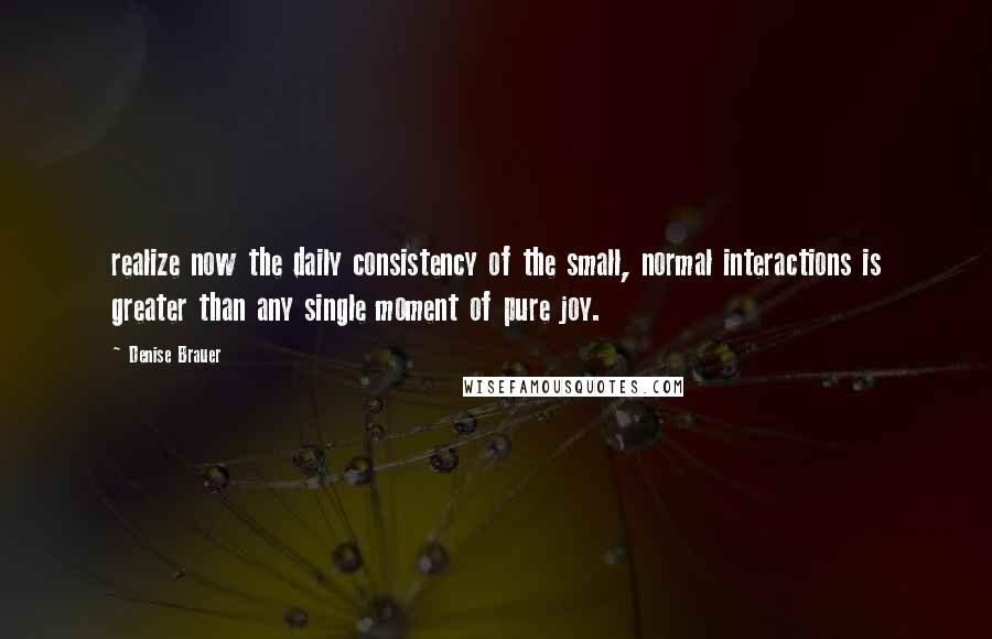 Denise Brauer quotes: realize now the daily consistency of the small, normal interactions is greater than any single moment of pure joy.