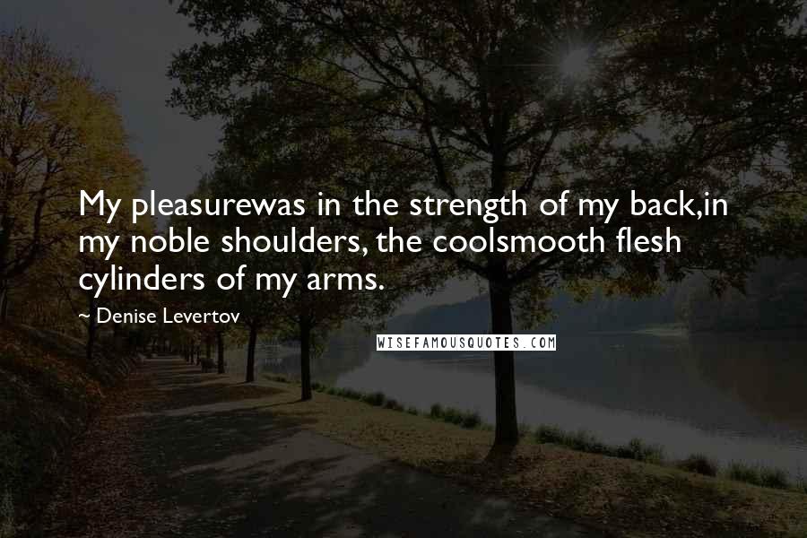 Denise Levertov quotes: My pleasurewas in the strength of my back,in my noble shoulders, the coolsmooth flesh cylinders of my arms.