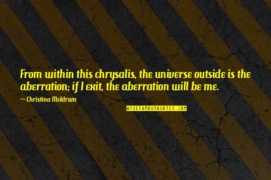 Dennis Neuenschwander Quotes By Christina Meldrum: From within this chrysalis, the universe outside is Dennis Neuenschwander Quotes By Christina Meldrum: From within this chrysalis, the universe outside is