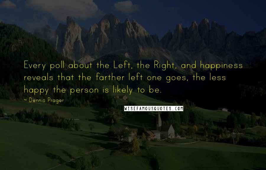 Dennis Prager quotes: Every poll about the Left, the Right, and happiness reveals that the farther left one goes, the less happy the person is likely to be.