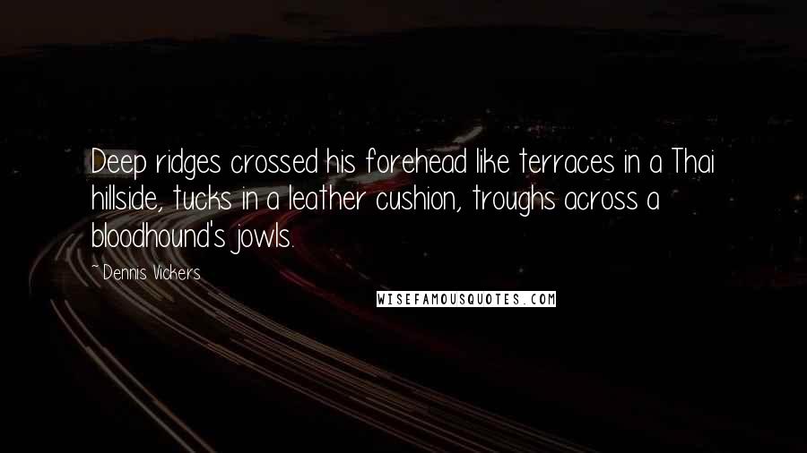 Dennis Vickers quotes: Deep ridges crossed his forehead like terraces in a Thai hillside, tucks in a leather cushion, troughs across a bloodhound's jowls.