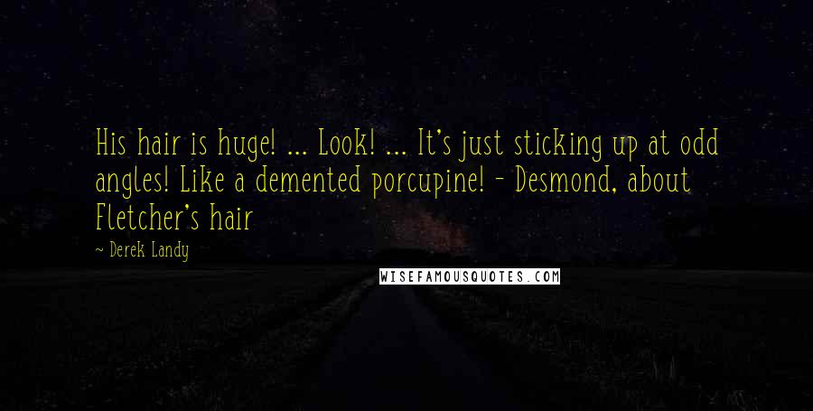 Derek Landy quotes: His hair is huge! ... Look! ... It's just sticking up at odd angles! Like a demented porcupine! - Desmond, about Fletcher's hair