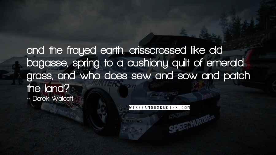 Derek Walcott quotes: and the frayed earth, crisscrossed like old bagasse, spring to a cushiony quilt of emerald grass, and who does sew and sow and patch the land?