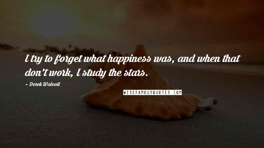 Derek Walcott quotes: I try to forget what happiness was, and when that don't work, I study the stars.