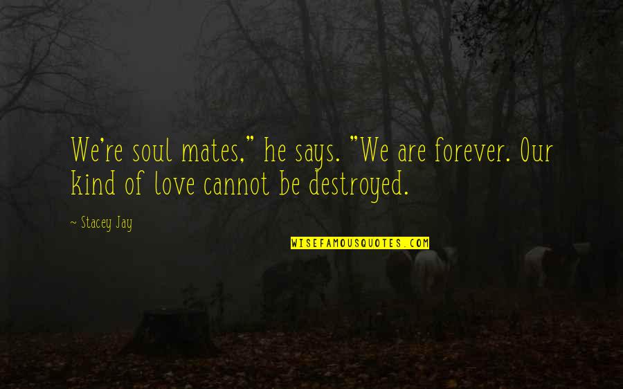 Destroyed Love Quotes By Stacey Jay: We're soul mates," he says. "We are forever.